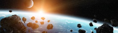 Uçan Asteroitler ile Dünya gezegeninin panoramik görünümü kapat Nasa tarafından döşenmiş bu görüntü alanı 3d render elemanları