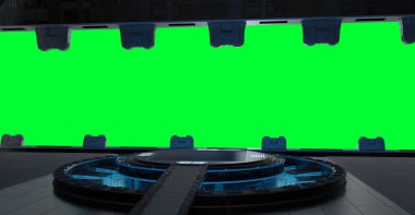 Huge blueish landing strip spaceship interior isolated on green background 3D rendering clipart