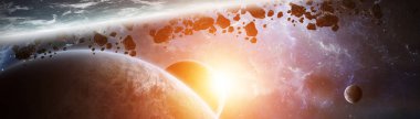 Nasa tarafından döşenmiş bu görüntünün alan 3d render öğelerindeki uzak güneş sistemindeki gezegenlerin panoramik görünüm