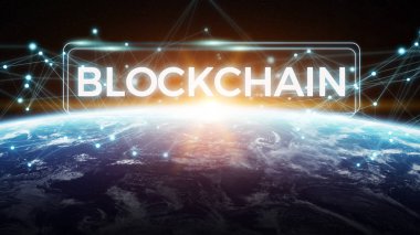 Blockchain ve bağlantıları dünya 3d işleme öğeleri Nasa tarafından döşenmiş bu görüntünün üzerinden