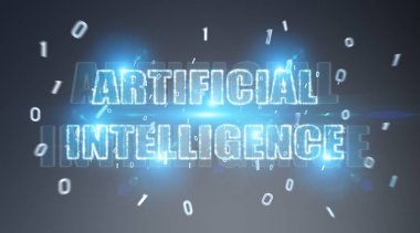 Dijital yapay zeka metin hologram mavi gri arka planda 3d render