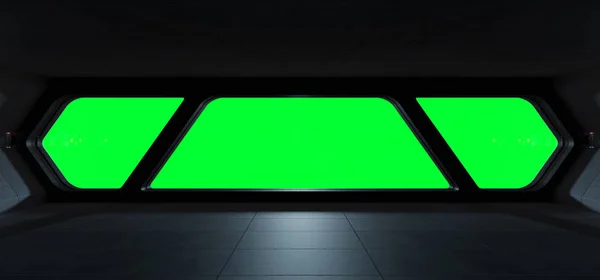 Spaceship futuristic interior with isolated green window view