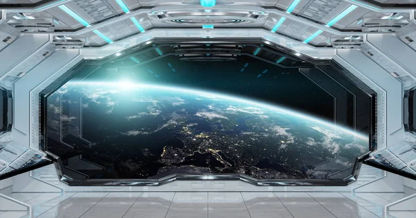 Branco Limpa Nave Espacial Interior Com Vista Sobre Planeta Terra — Fotografia de Stock