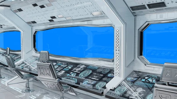 White clean spaceship interior with blue background 3D rendering