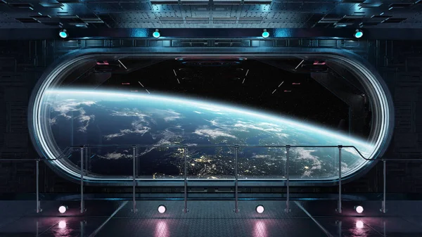 Siyah teknoloji uzay pencere iç gezegende manzaralı yuvarlak Earth 3d işleme öğeleri Nasa tarafından döşenmiş bu görüntünün