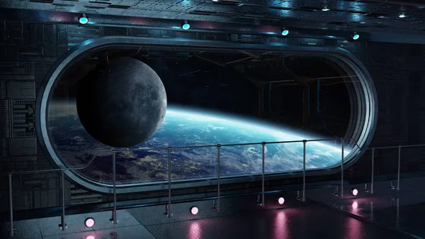 Siyah teknoloji uzay pencere iç gezegende manzaralı yuvarlak Earth 3d işleme öğeleri Nasa tarafından döşenmiş bu görüntünün