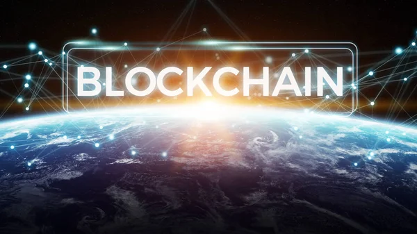 Blockchain ve bağlantıları dünya 3d işleme öğeleri Nasa tarafından döşenmiş bu görüntünün üzerinden