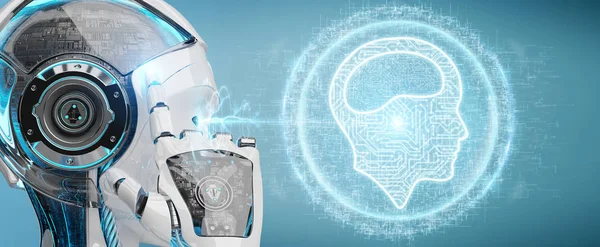 Dijital yapay zeka simgesi hologram 3B oluşturmayı kullanarak arka plan bulanık beyaz insansı kadınlarda