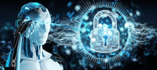Onun veriler dijital güvenlik hologram 3d render ile koruma bulanık arka plan üzerinde beyaz cyborg