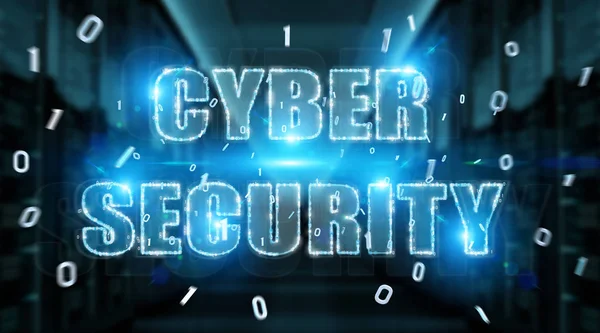 Siber güvenlik metin hologram sunucuda mavi arka plan 3d render