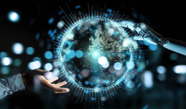 Dünya ağ hologram Europe harita 3d rendering ile kullanarak arka plan bulanık beyaz insansı el