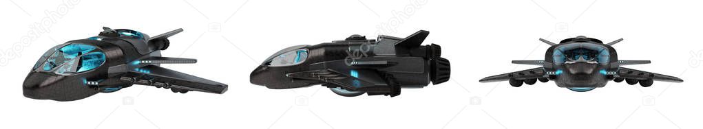 Black mettalic futuristic spacecraft collection isolated on white background 3D rendering