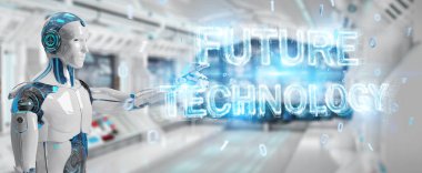 Geleceğin teknolojisi metin hologram 3B oluşturmayı kullanarak arka plan bulanık beyaz robot