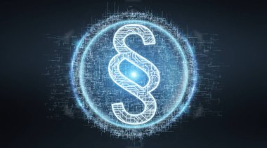 Hukuk paragraf dijital hologram mavi gri arka planda 3d render