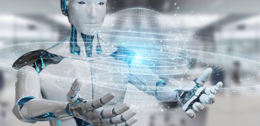 Dijital üçgen küre hologram 3d render patlayan kullanarak arka plan bulanık beyaz robot