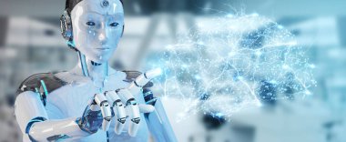 Yapay zeka 3d render oluşturma bulanık arka plan üzerinde beyaz kadın insanımsı