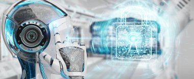 Dijital veriler 3B oluşturmayı güvence arka plan bulanık beyaz kadın robot