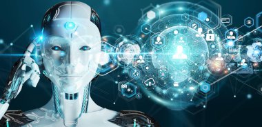 Dijital ekran arabirimi 3d rendering kullanarak arka plan bulanık beyaz kadın robot