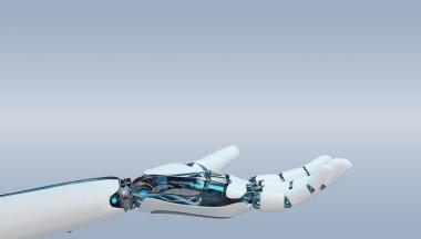 Beyaz cyborg elini gri arka plan üzerinde 3d render izole açma