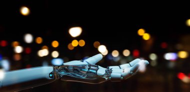 Beyaz cyborg elini koyu arka plan üzerinde 3d render izole açma