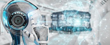 Planet Earth arabirimi 3d rendering kullanarak bulanık arka plan üzerinde beyaz kadın cyborg