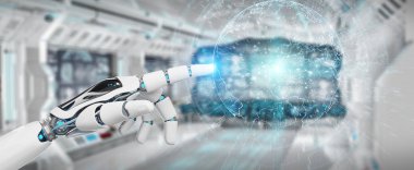 Beyaz cyborg el planet Earth arabirimi 3d rendering kullanarak arka plan bulanık üzerinde