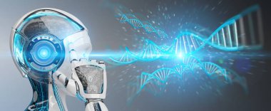 İnsan DNA'sı 3d render tarama bulanık arka plan üzerinde beyaz kadın cyborg