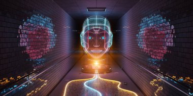 Mavi turuncu ve pembe cyborg hologram bir metro iç 3d render tarassut
