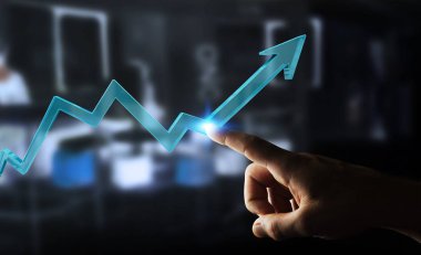 İşadamı dijital modern ok 3B oluşturmayı kullanarak arka plan bulanık üzerinde