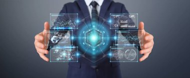 İşadamı hologramlar veriler 3d render ile dijital ekranlar arabirimini kullanarak arka plan bulanık üzerinde