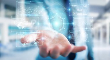 İşadamı hologramlar veriler 3d render ile dijital ekranlar arabirimini kullanarak arka plan bulanık üzerinde