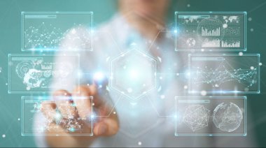 İşkadını hologramlar veriler 3d render ile dijital ekranlar arabirimini kullanarak arka plan bulanık üzerinde