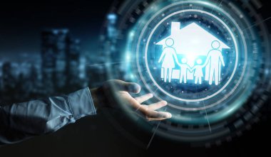 İşadamı aile bakımı sigorta başvuru 3B oluşturmayı kullanarak arka plan bulanık üzerinde