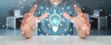 İşadamı ampul fikir arabirimi 3d rendering kullanarak arka plan bulanık üzerinde