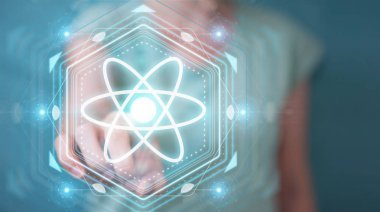 İşkadını modern molekül yapısı 3B oluşturmayı kullanarak arka plan bulanık üzerinde