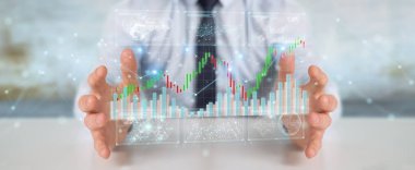 Businessman on blurred background using 3D rendering stock exchange datas and charts