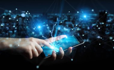 İşadamı fütüristik bağlantı arabirimi 3d rendering kullanarak arka plan bulanık üzerinde