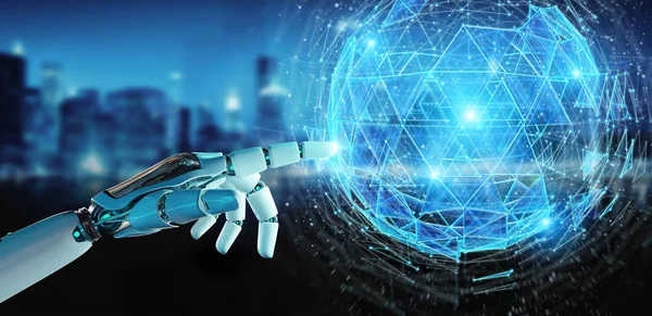 Beyaz robot el dijital üçgen küre hologram 3d render patlayan kullanarak arka plan bulanık üzerinde