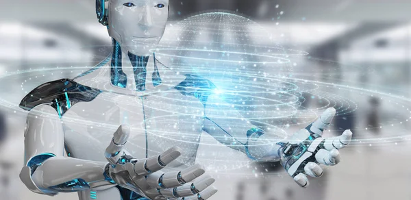 Dijital üçgen küre hologram 3d render patlayan kullanarak arka plan bulanık beyaz robot