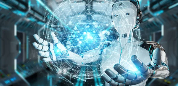 Dijital üçgen patlayan küre hologram 3B oluşturmayı kullanarak arka plan bulanık beyaz robot kadına