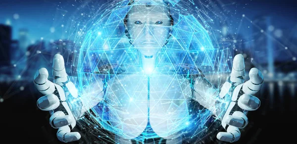 Weiße Roboterfrau Auf Verschwommenem Hintergrund Mit Digitalem Sphere Connection Hologramm — Stockfoto