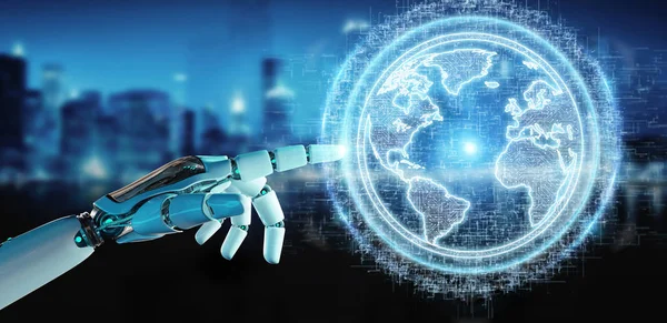 Dünya ağ hologram Amerika ABD harita 3d render ile kullanarak arka plan bulanık beyaz robot el