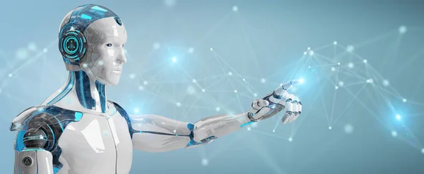 White Man Robot Blurred Background Using Digital Network Connection Rendering — Stock Photo, Image