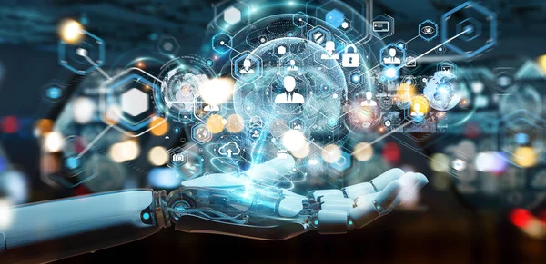 Beyaz robot el dijital ekran arabirimi 3d rendering kullanarak arka plan bulanık üzerinde