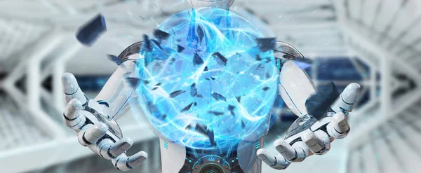 White Man Roboter Auf Verschwommenem Hintergrund Erzeugt Energie Ball Rendering — Stockfoto