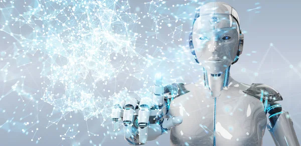 Beyaz kadın insanımsı bulanık arka plan dijital dünya hud arabirimi 3d rendering kullanarak üzerinde