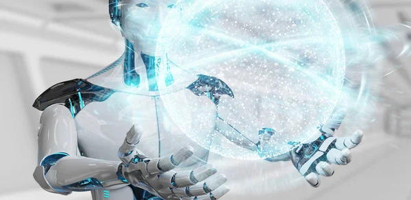 Dijital küresel ağ 3B oluşturmayı kullanarak bulanık arka plan üzerinde beyaz erkek humanoid