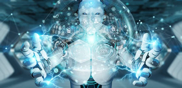 Weiße Frau Cyborg Auf Verschwommenem Hintergrund Mit Digitaler Diagrammschnittstelle Rendering — Stockfoto