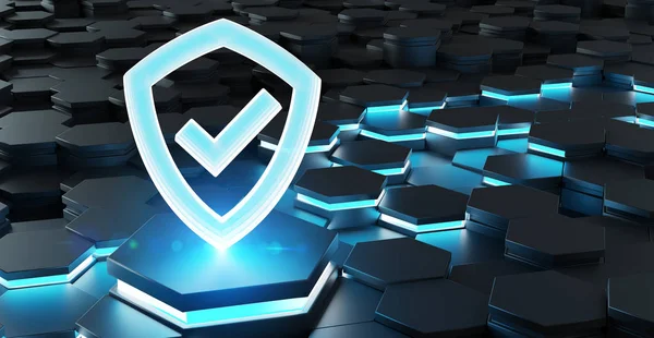 Altıgen yanarak bahislerin doğru arka plan 3d render üzerinde siyah mavi soyut kalkan kutsal kişilerin resmi