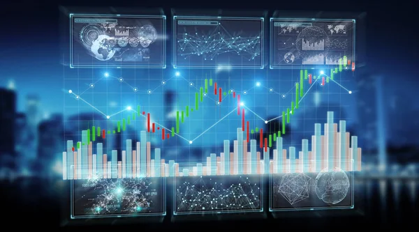 Renderização Dados Bolsa Valores Gráficos Ilustração Fundo Azul — Fotografia de Stock